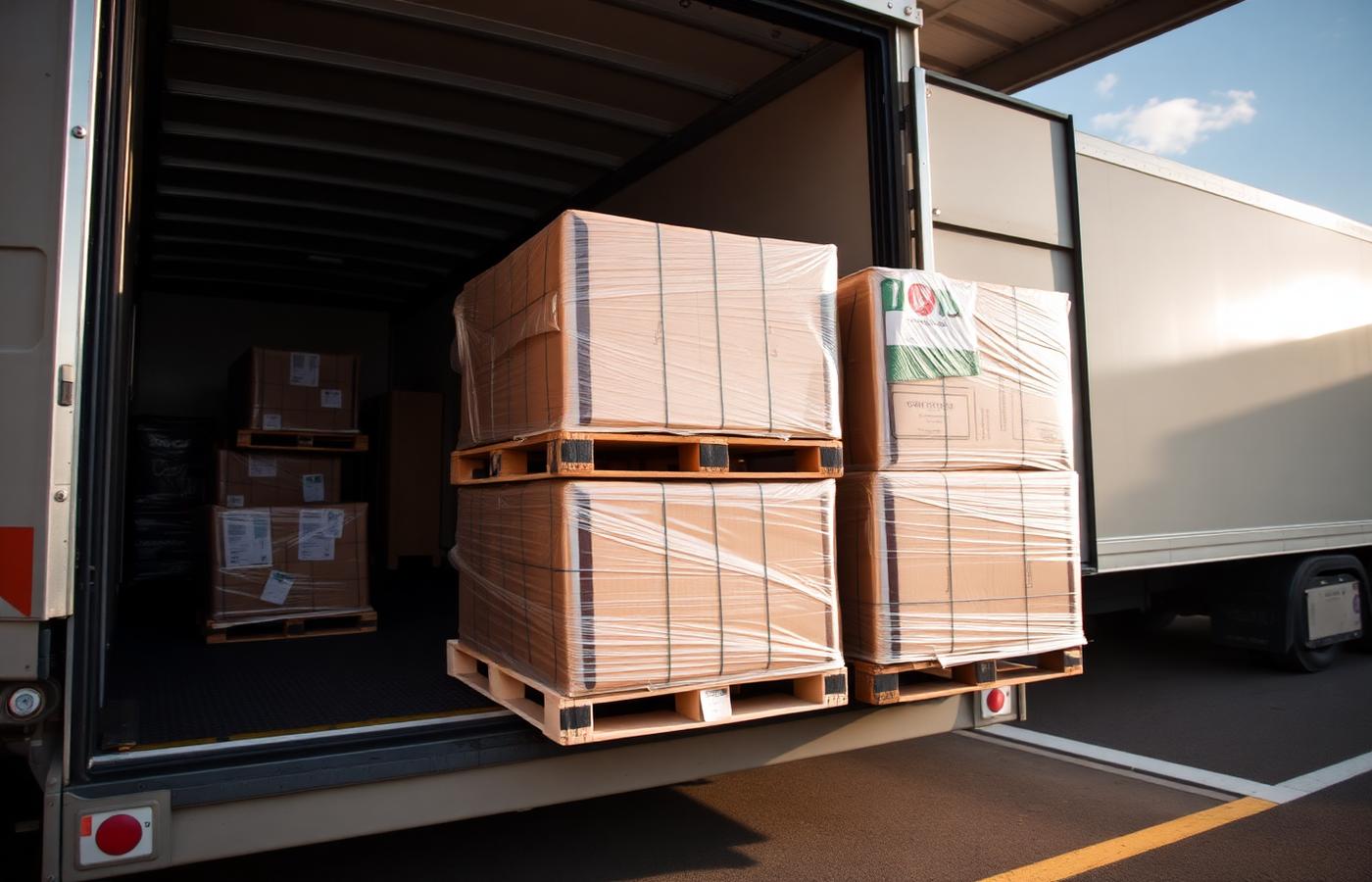 Wrapped pallets ready for dispatch in a warehouse loading bay