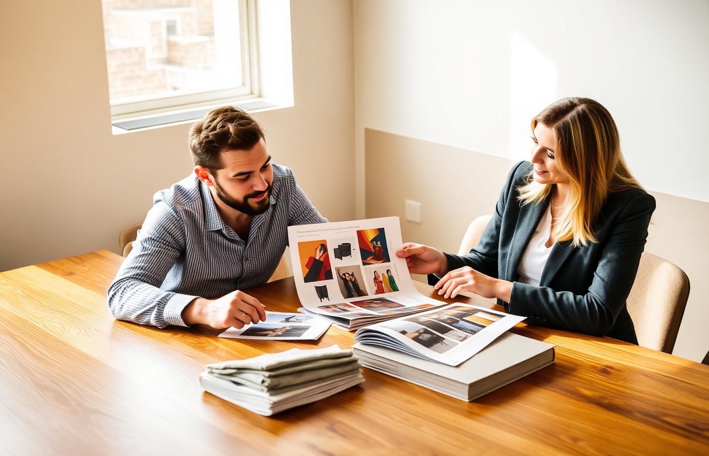 Two buyers reviewing a printed wholesale catalogue and fabric samples